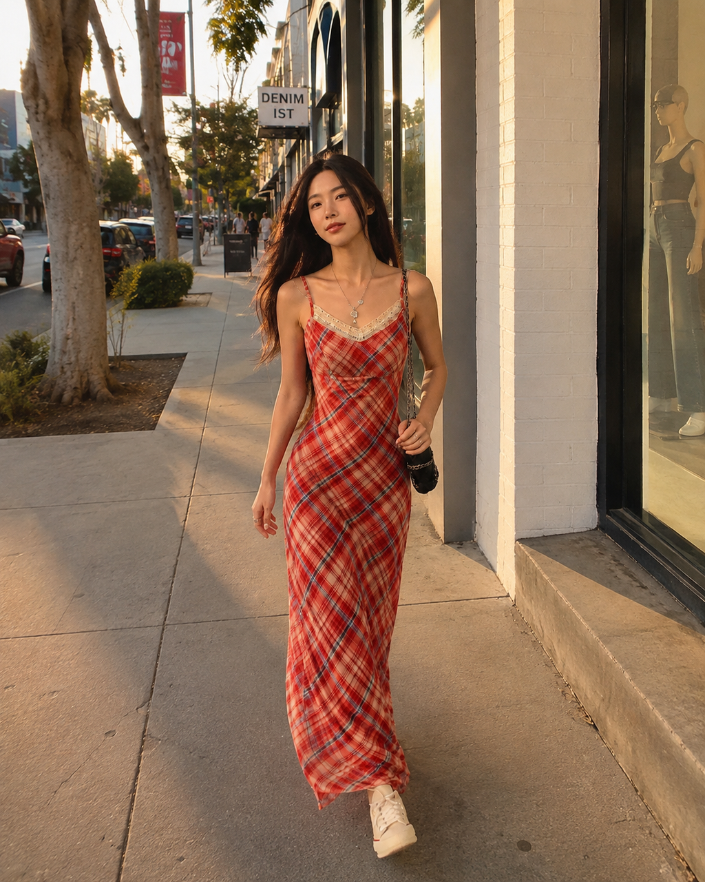 Red Plaid Lace-Trim Maxi Dress
