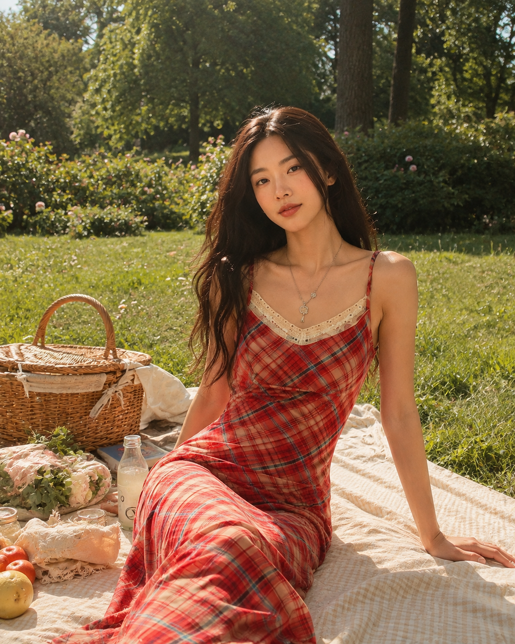 Red Plaid Lace-Trim Maxi Dress