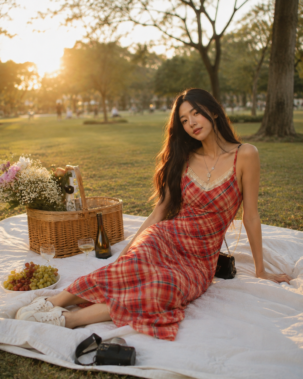Red Plaid Lace-Trim Maxi Dress